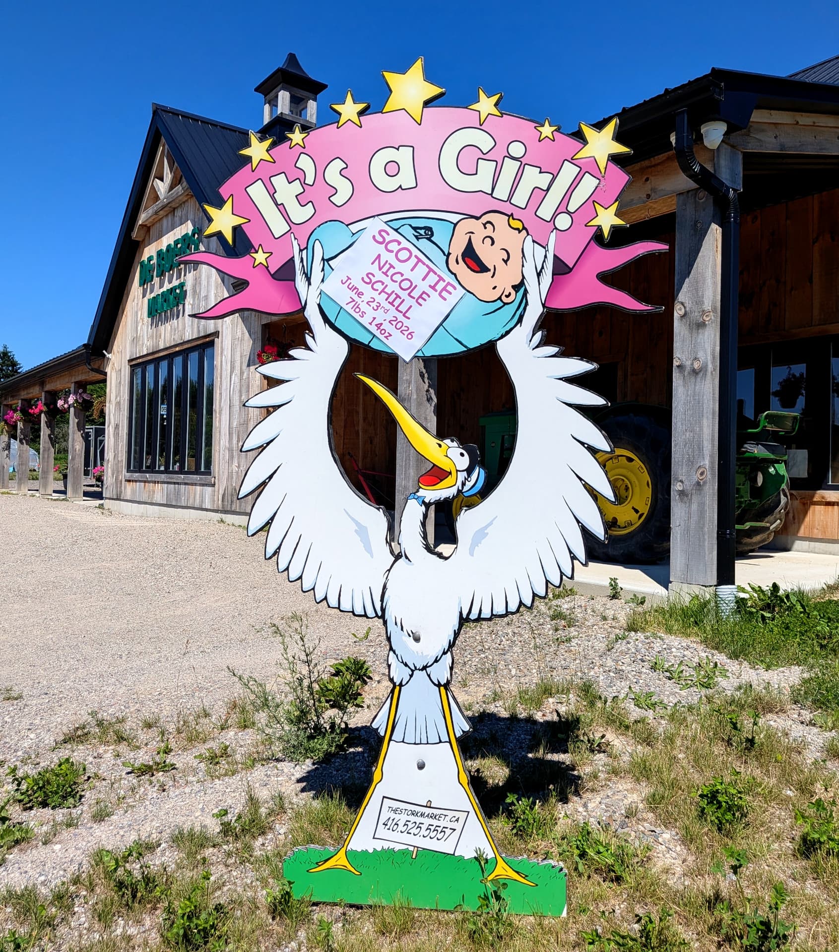 Pink Scottie Nicole Schill lawn stork sign beside a wooden barn market — The Stork Market, serving Brampton and the GTA