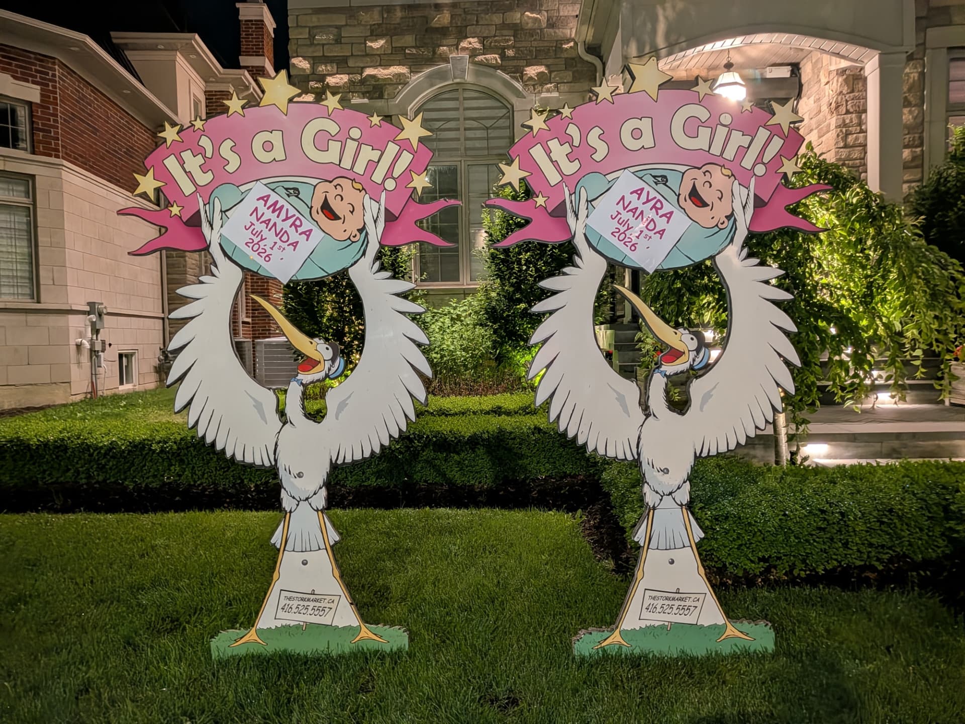 Twin pink Amyra Nanda and Ayra Nanda lawn stork signs illuminated at night — The Stork Market, serving Brampton and the GTA